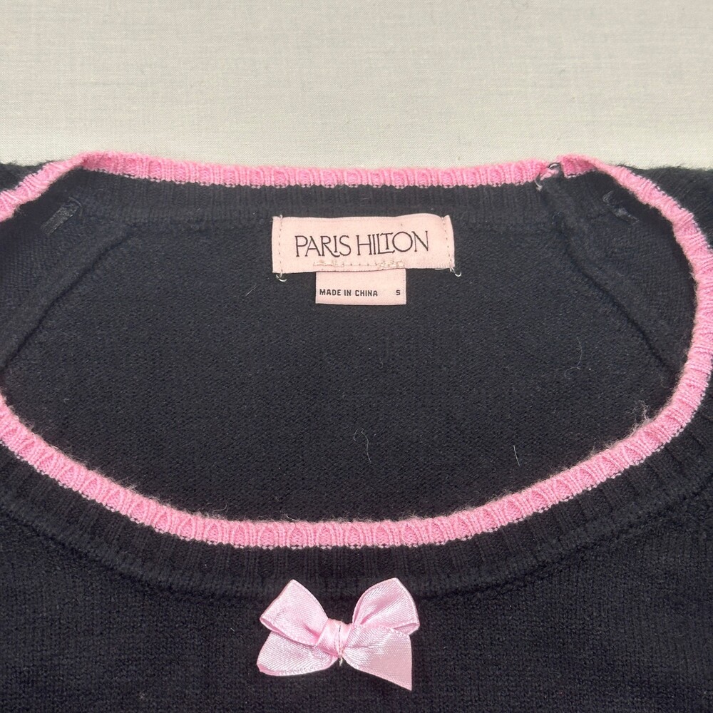 Y2K Paris Hilton Graphic Crop Sweater Bow Detail Black Pink S - Picture 5 of 12